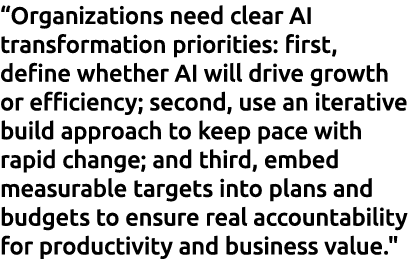 “Organizations need clear AI transformation priorities: first, define whether AI will drive growth or efficiency; sec...